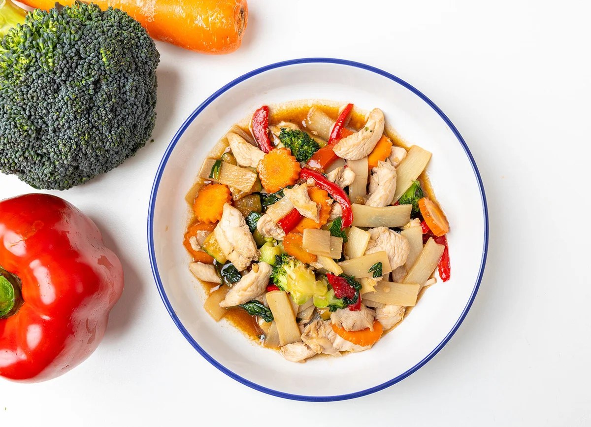 Chicken and vegetable stir-fry with broccoli, capsicum and bamboo shoots at Rim Thang Thai, Glenelg