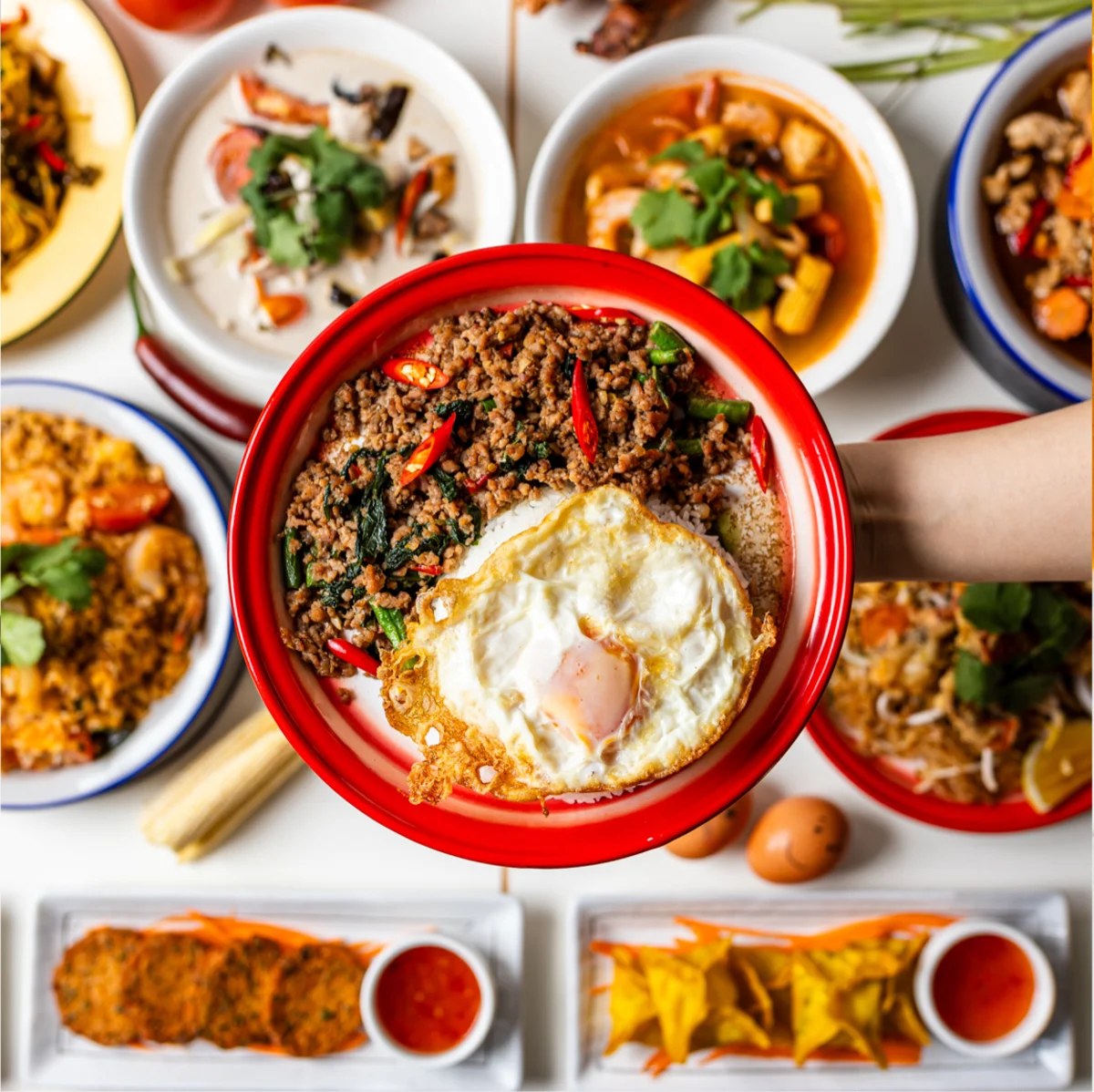 Pad Krapow holy basil stir-fry topped with a crispy fried egg at Rim Thang Thai, Glenelg