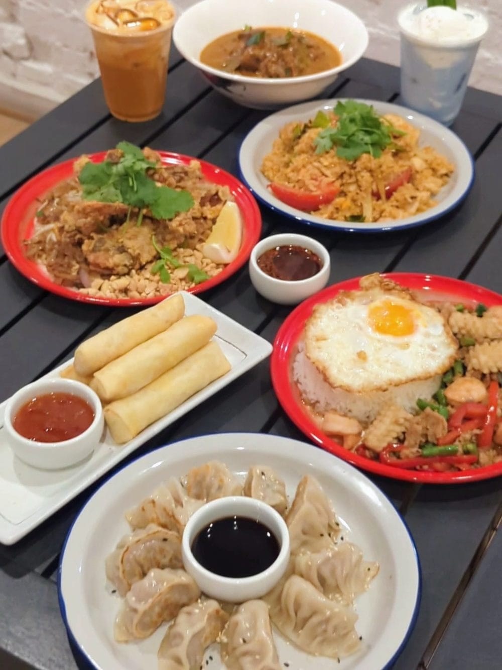 Handmade pan-fried dumplings and golden spring rolls at Rim Thang Thai, Glenelg