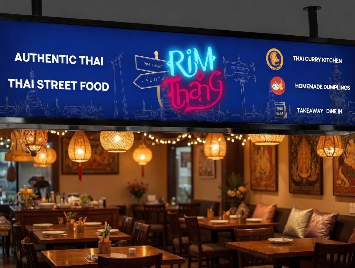 The neon Rim Thang sign inside the restaurant